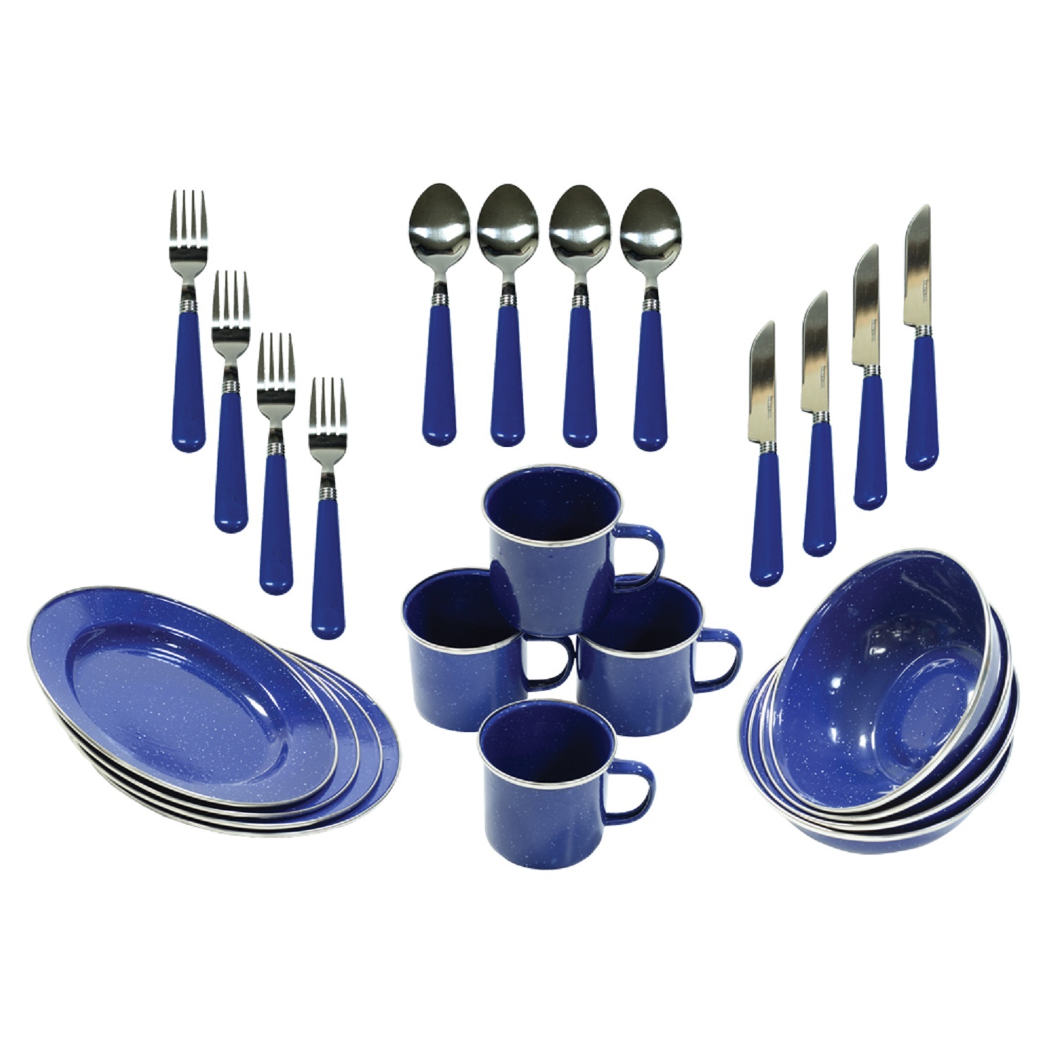 24 Piece Stansport Stainless Steel Enamel Durable Camping Tableware Set Blue